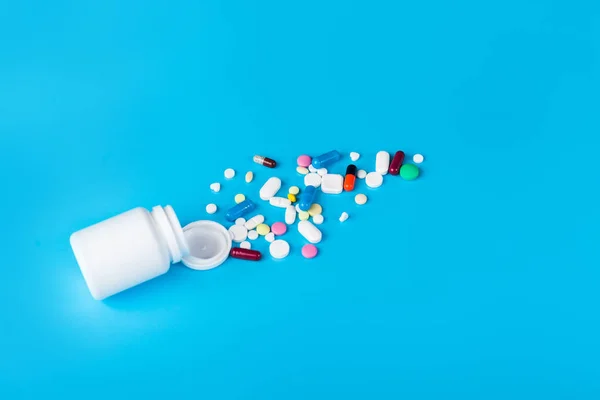 Medicamentos Suplementos Medicamentos Frasco Sobre Fondo Azul — Foto de Stock