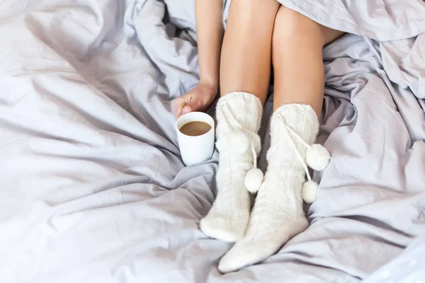 Woman Resting Keeping Legs Warm Socks Bed Morning Coffee Reading — Stock Photo, Image