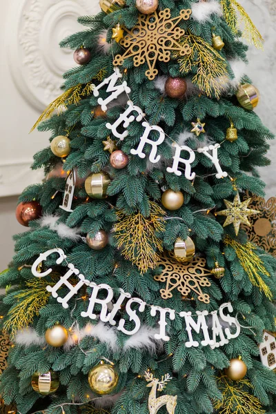 Christmas New Year Tree Decoratie Interieur Close — Stockfoto