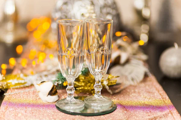 Christmas New Year Celebration Champagne Glasses New Year Holiday Decorated — Stock Photo, Image