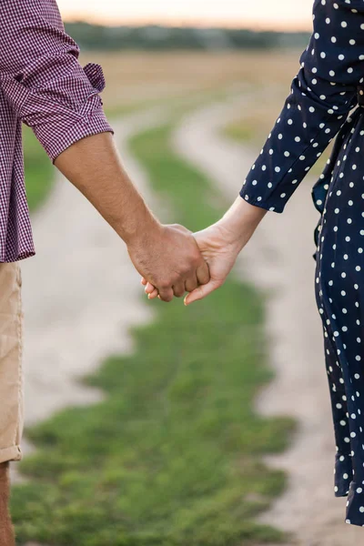Young Couple Love Walking Autumn Park Holding Hands Looking Sunset — Stock Photo, Image