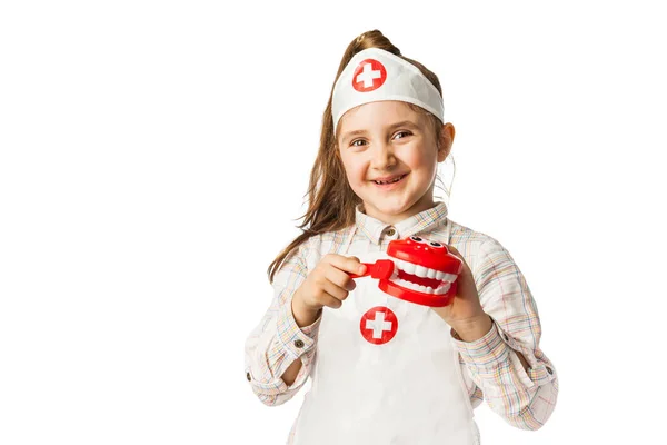 Feliz niña sonriente con herramienta dentista — Foto de Stock