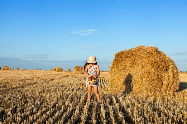 Ekmek sepeti ile gün batımında çavdar alanında sevimli kız.