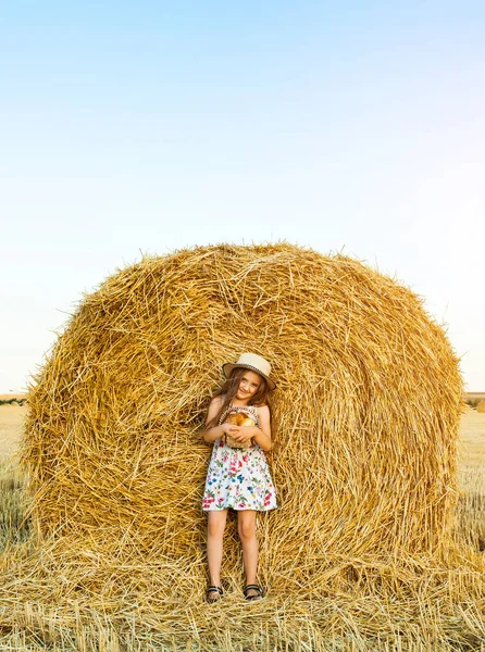 Adorabile ragazza nel campo di segale al tramonto con un cesto di pane . — Foto Stock