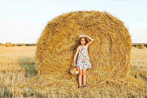 Adorable girl in rye field on sunset with a basket of bread. — Stock Photo, Image