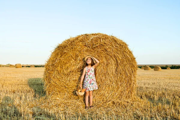 Adorabile ragazza nel campo di segale al tramonto con un cesto di pane . — Foto Stock