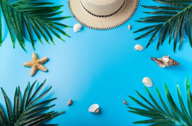 Gezgin aksesuarları, set, yaz arka plan. Deniz konsepti