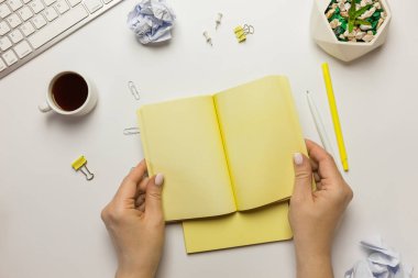 Yeni fikirler, stratejiler ve planlar arayışında. Çalışma Alanının Mock Up 'ı, kadın elleri açık sarı bir defter tutuyor. Ofis malzemeleri, kahve ve şakayık çiçekli masa, beyaz arka planda..