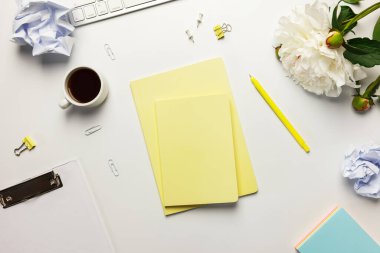 Düz yerde, en üst masa. Klipsli çalışma alanı, sarı not defterleri, ofis malzemeleri, kalemler, buruşmuş kağıt topları ve şakayık çiçekleri beyaz arka planda..