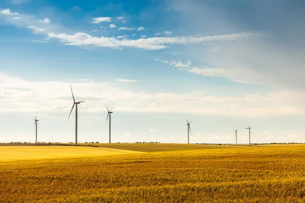 Turbine Green Energy Electricity Technology Concept. Wind generators turbines on wheat field and blue sky