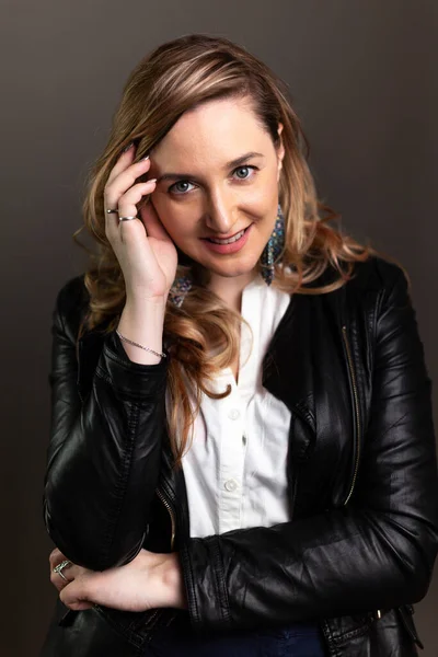 Adult Happy Woman Touching Her Curly Hair White Shirt Black — Stock Photo, Image