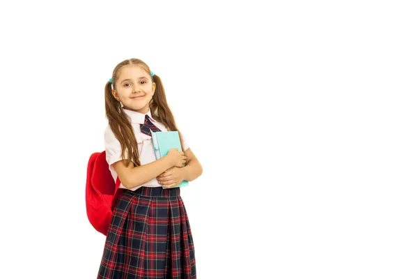 Full Length Portrait Schoolgirl Uniform Backpack Standing White Background Holding — Stock Photo, Image