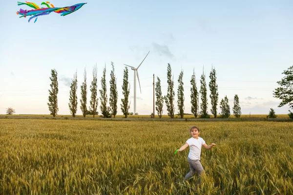 Menina Feliz Correndo Por Com Papagaio Campo Trigo Conceito Liberdade — Fotografia de Stock