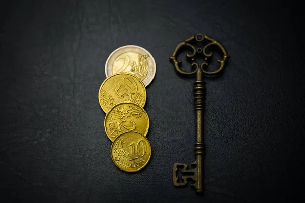 Χρήμα Ανοίγει Πολλές Πόρτες Χρυσά Νομίσματα Vintage Κλειδί Κλειδί Για — Φωτογραφία Αρχείου