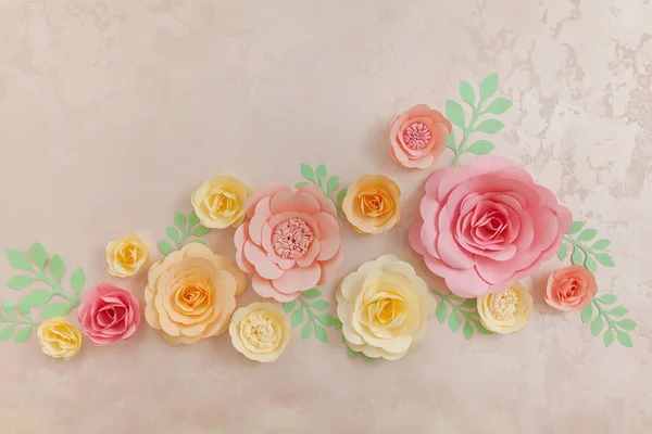 Dekorativer Hintergrund Aus Handgeschöpften Papierblumen Der Wand — Stockfoto