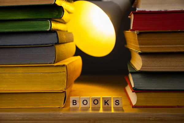 Stacks Books Library Making Two Side Borders Lamp Shining Them — Stock Photo, Image