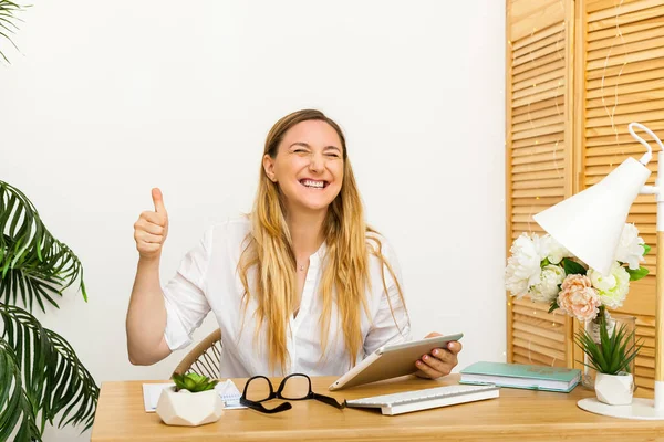Happy Successful Office Worker Showing Thumbs Front Tablet — Stock Photo, Image