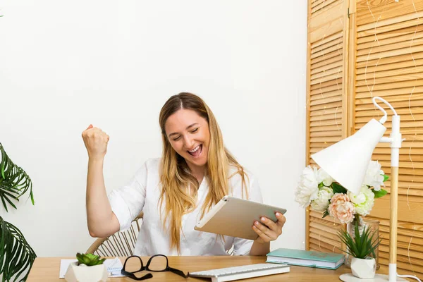 Yes Happy Excited Business Woman Home Office Triumphing Raised Hands — Stock Photo, Image