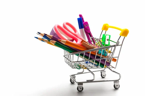 Shopping Cart Full Stationery Office Supplies White Background Back School — Stock Photo, Image
