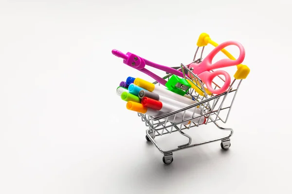 Shopping Trolley Filled Multicolored School Supplies Isolated White Background Back — Stock Photo, Image