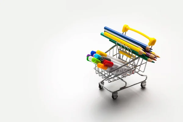 Shopping Trolley Filled Multicolored School Supplies Isolated White Background Back — Stock Photo, Image