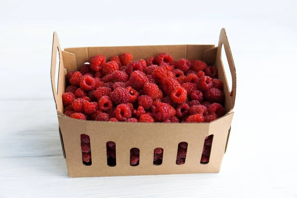 Ripe Raspberries Cardboard Box White Background — Stock Photo, Image