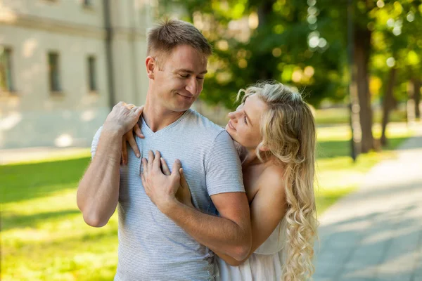 Happy Together Portrait Beautiful Young Loving Couple Smiling Look Each — Stock Photo, Image