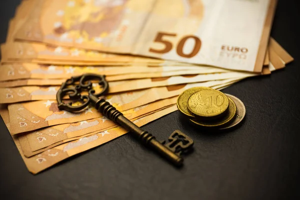 Key to money. Money opens many doors. Golden coins and Euro banknotes with vintage key. Wealth and riches represented by cash money and a key