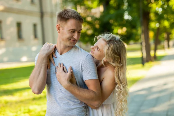 Happy Together Portrait Beautiful Young Loving Couple Smiling Look Each — Stock Photo, Image