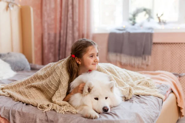 Sonriendo Soñoliento Linda Niña Abrazando Gran Blanco Esponjoso Perro Samoyed — Foto de Stock