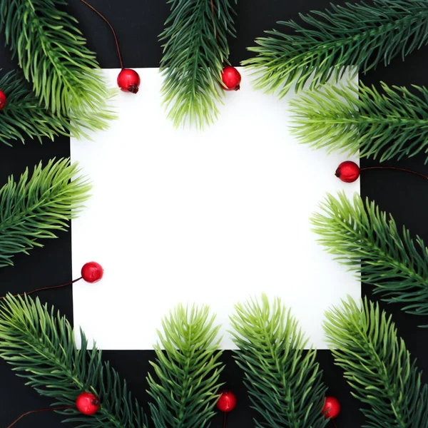Julkort För Reklam Text Dekorativ Ram Gran Grenar Röda Bär — Stockfoto
