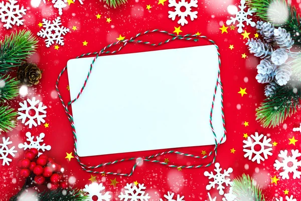 Natal Cartão Saudação Branco Quadro Ramos Abeto Flocos Neve Decorações — Fotografia de Stock