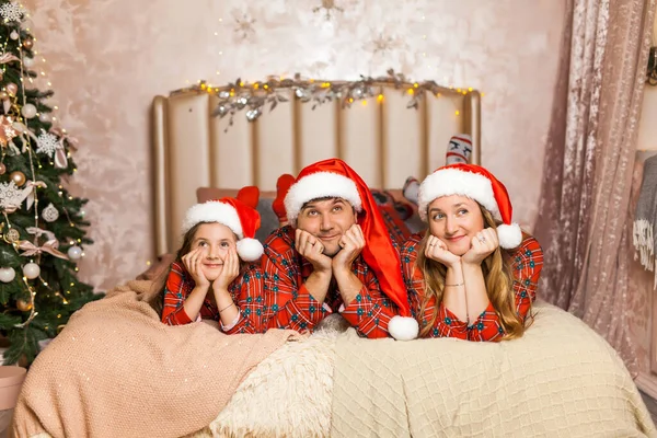 Family Portrait Pajamas Lying Bed Mother Father Little Girl Having — Stock Photo, Image