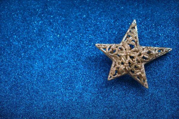 Christmas Card Copy Space Golden Star Decoration Blue Glitter Background — Stock Photo, Image