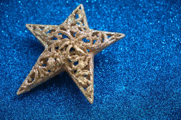 Χριστουγεννιάτικη Κάρτα Αντίγραφο Χώρου Χρυσή Διακόσμηση Αστέρι Μπλε Φόντο Glitter — Φωτογραφία Αρχείου