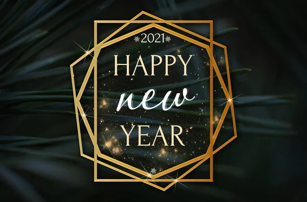 Feliz Ano Novo 2021 Frase Molduras Douradas Fundo Agulha Pinheiro — Fotografia de Stock