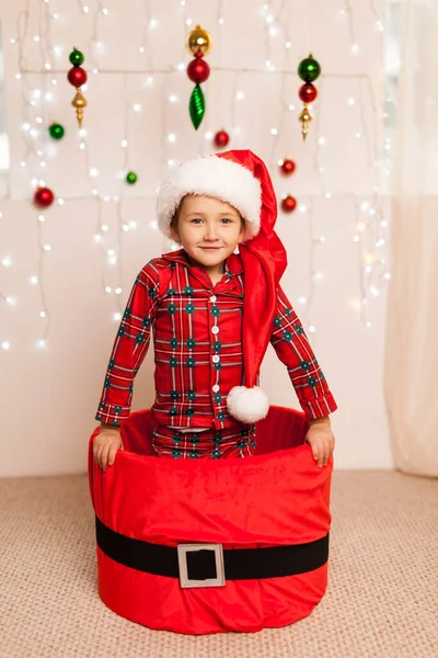 Funny Happy Beautiful Little Boy Sitting Big Red Box Gift — Stock Photo, Image