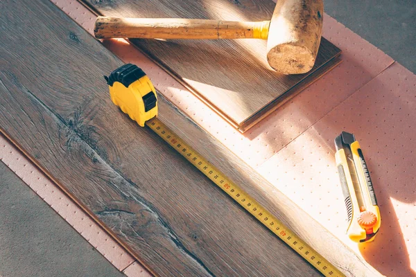 Laying Flooring Installing Laminate Tools Work — Stock Photo, Image