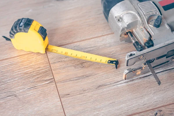 Tools Carpentry Floor Jigsaw Construction Measuring Tape — Stock Photo, Image
