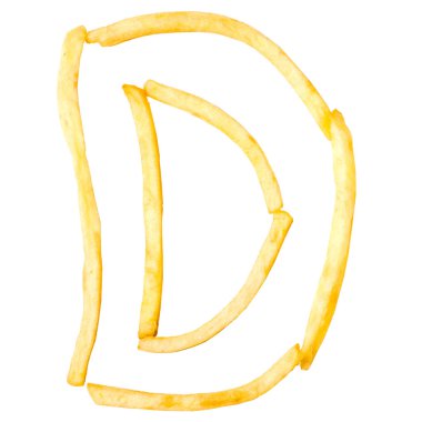 D harfi beyaz bir arka planda patates kızartması dilimleri ile yapılır, izole