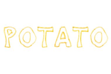 Kelime patates kızarmış patates kızartması parçaları ile yapılan beyaz bir arka planda izole