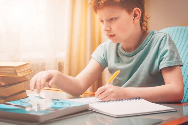 Home schooling, red-haired boy learns writing down in a workbook