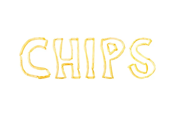 Word Chips Made Pieces Fried French Fries Isolate White Background — Stock Photo, Image