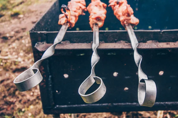 Barbecue Met Spiesjes Kampeerkeuken — Stockfoto