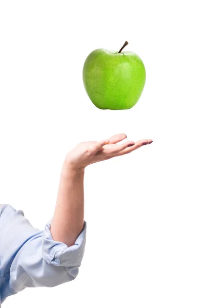 Ripe Large Green Apple Levitates Woman Hand Isolate White Background — Stock Photo, Image