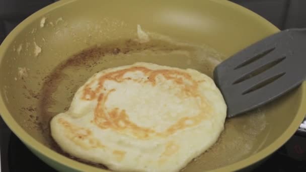 Cook Turns Pancake Pan Even Frying Roasting — Stock Video