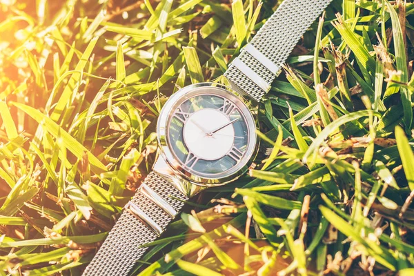 Beautiful ladies watch with metal bracelet and transparent case on a background of green grass