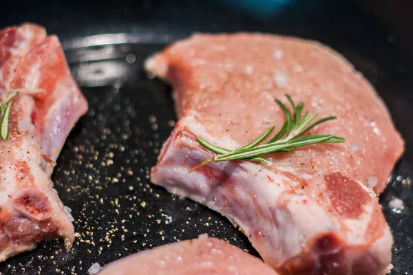 Pork Loin Bone Frying Pan Rosemary — Stok Foto