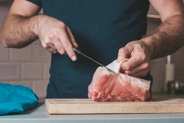 Man Engaged Cooking Meat Cooking Home — Stock Photo, Image