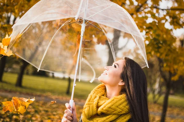 Atraktivní Bruneta Jasným Úsměvem Kráčí Pod Deštníkem Podzimním Parku — Stock fotografie